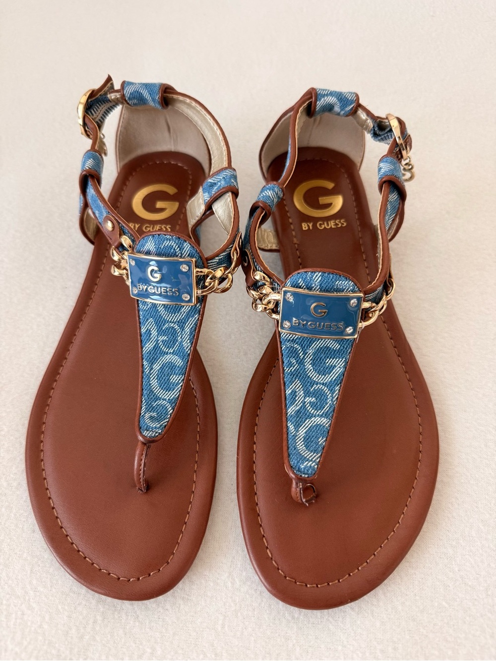 G by GUESS Blue Denim Logo T-Strap Sandals